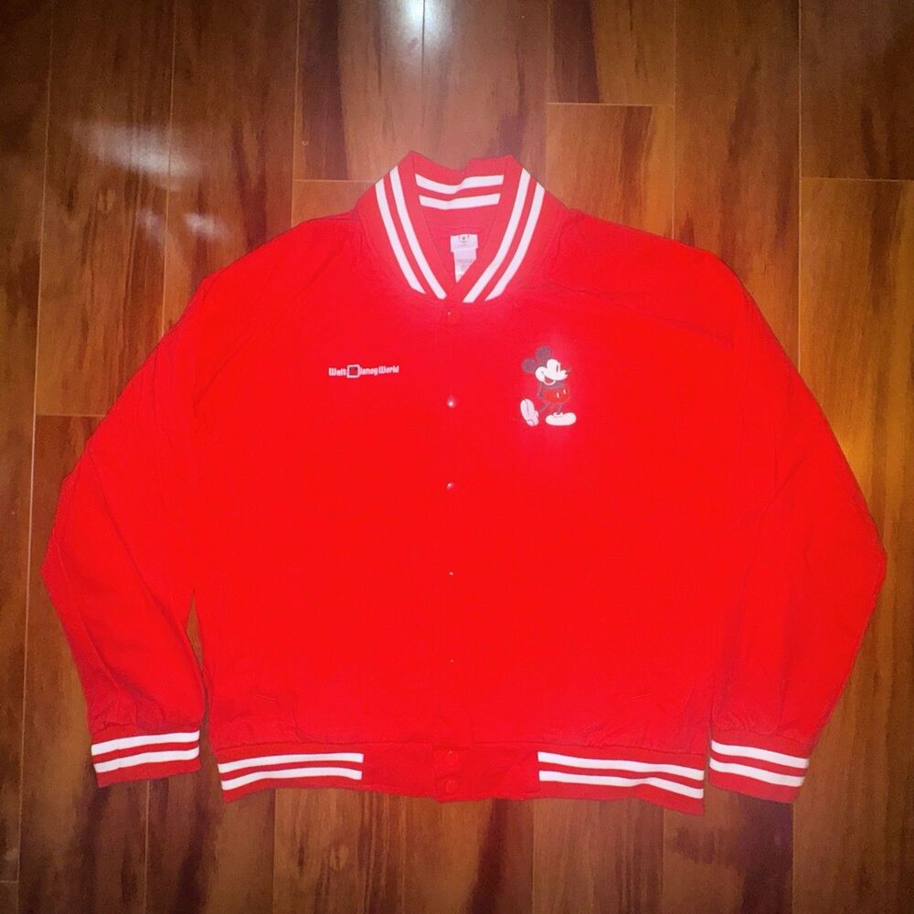Disney World Mickey Mouse Varsity Jacket Large Red Standing Icon 2024 Parks